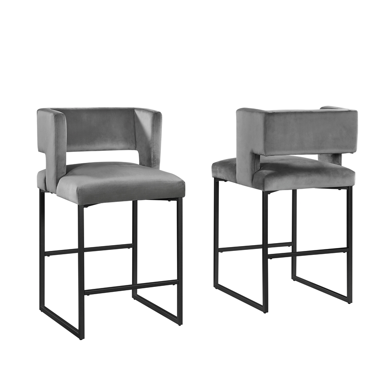 Pemberly Row Gray Velvet Bar Stools in Matte Black (Set of 2)