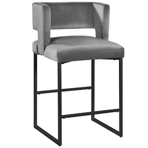 Pemberly Row Gray Velvet Bar Stools in Matte Black (Set of 2)