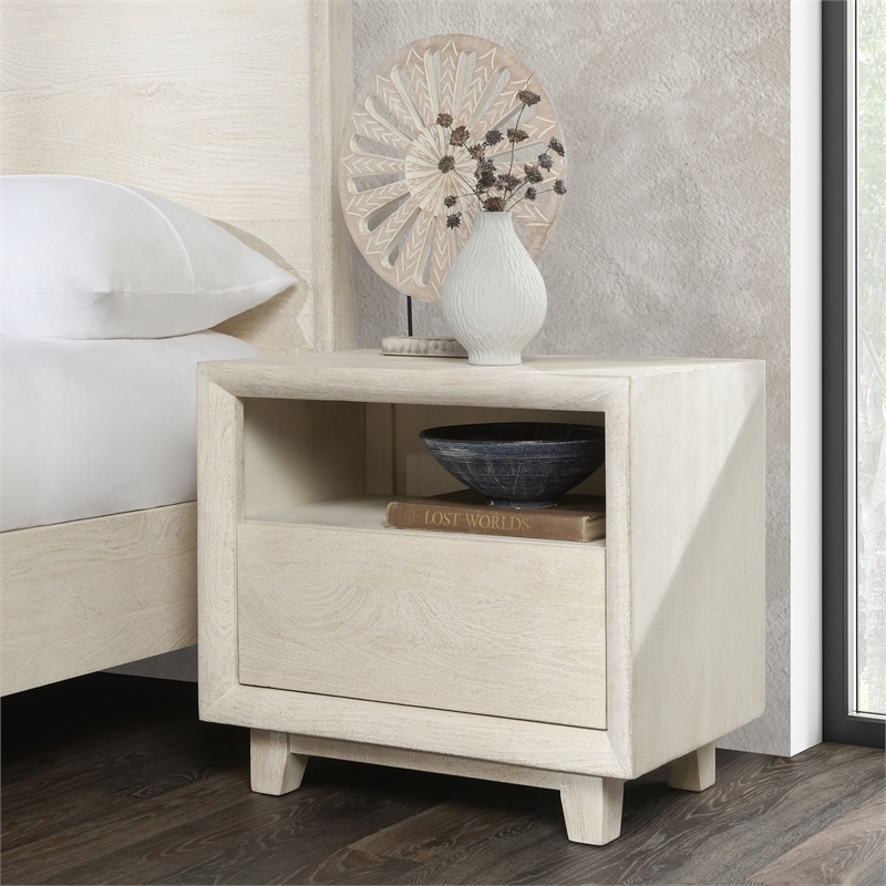 Pemberly Row Contemporary 1-Drawer Mango Wood Nightstand in Sand