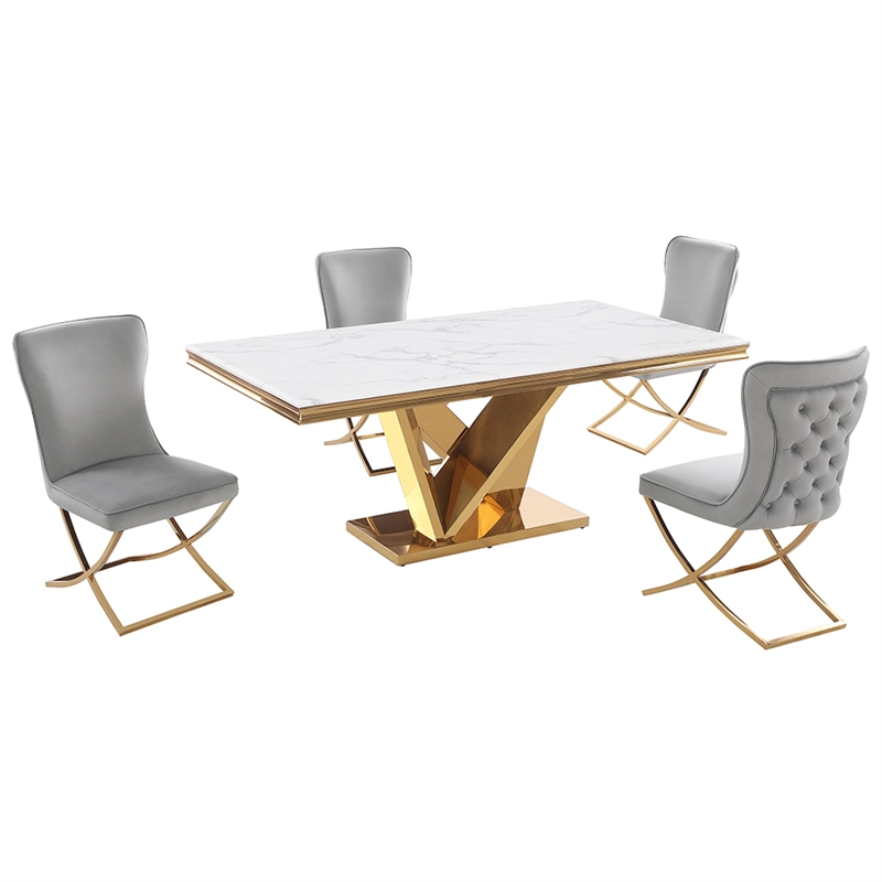 Pemberly Row Modern Gray/Gold Faux Marble Dining Set (5-piece)