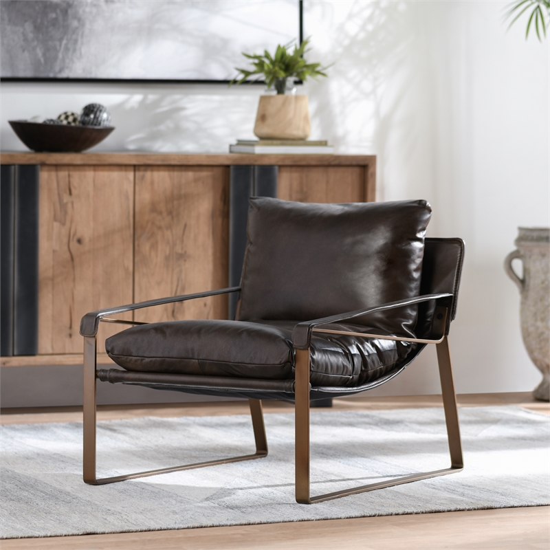 Pemberly Row Modern Brown Leather Accent Chair with Iron Frame