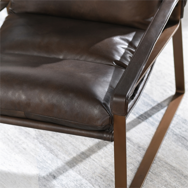 Pemberly Row Modern Brown Leather Accent Chair with Iron Frame