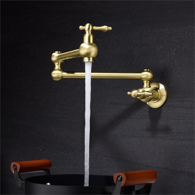Pemberly Row Modern Pot Filler Faucet Brass Wall Mount in Gold