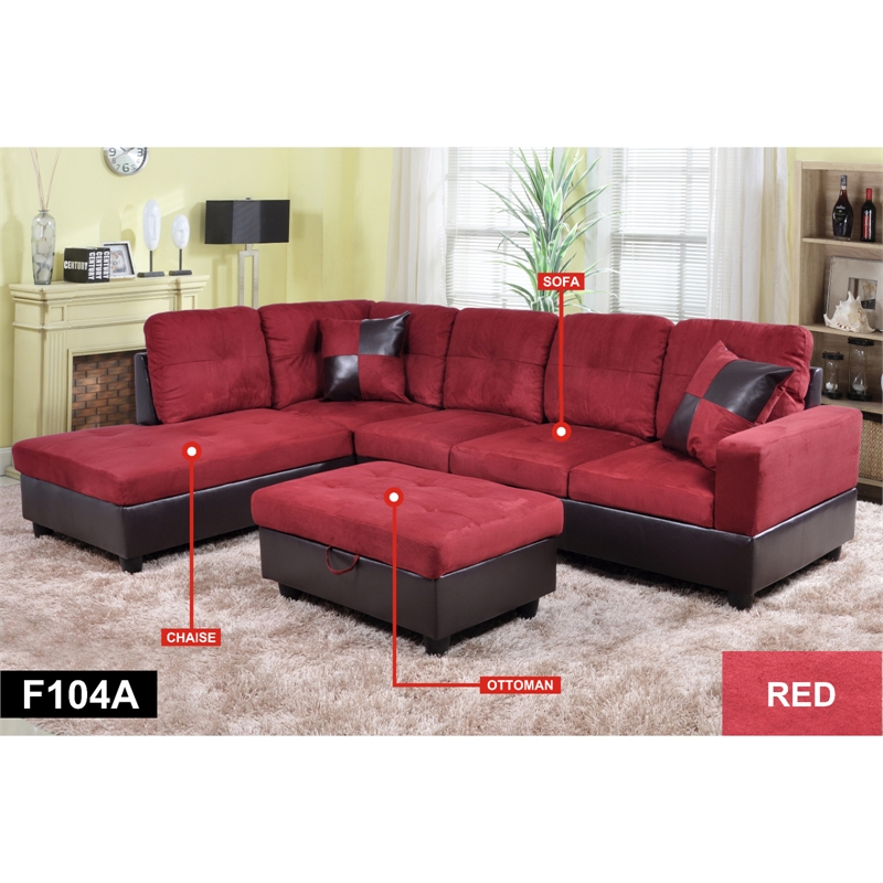 Pemberly Row Microfiber Faux Leather Sofa Set in Red Raspberry