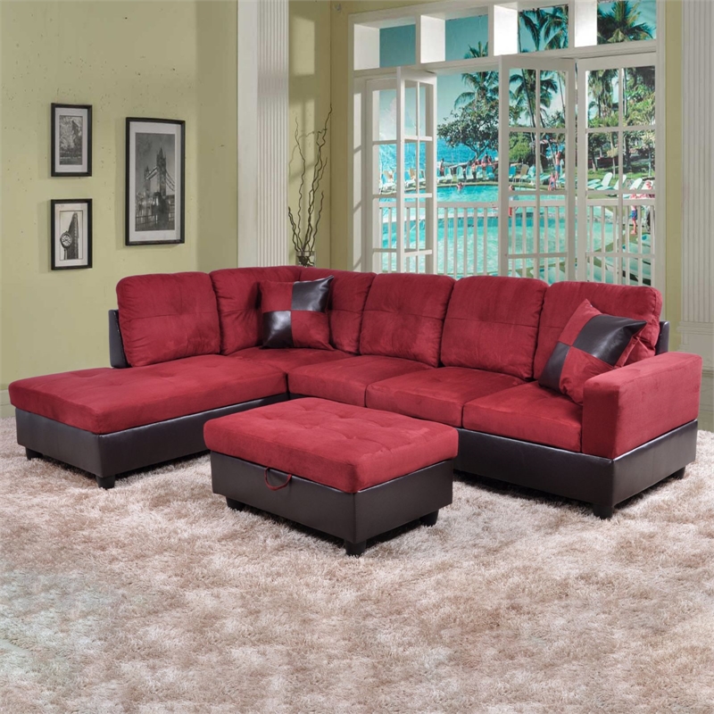 Pemberly Row Microfiber Faux Leather Sofa Set in Red Raspberry