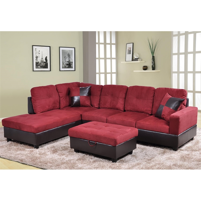 Pemberly Row Microfiber Faux Leather Sofa Set in Red Raspberry