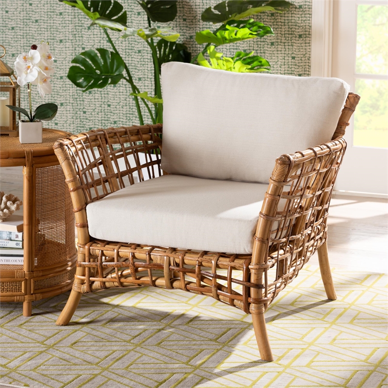 Pemberly Row Modern Bohemian Rattan Arm Chair in Natural Brown