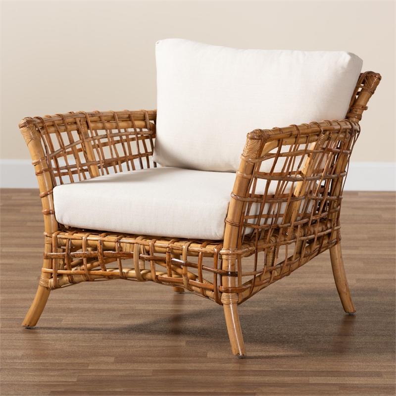 Pemberly Row Modern Bohemian Rattan Arm Chair in Natural Brown