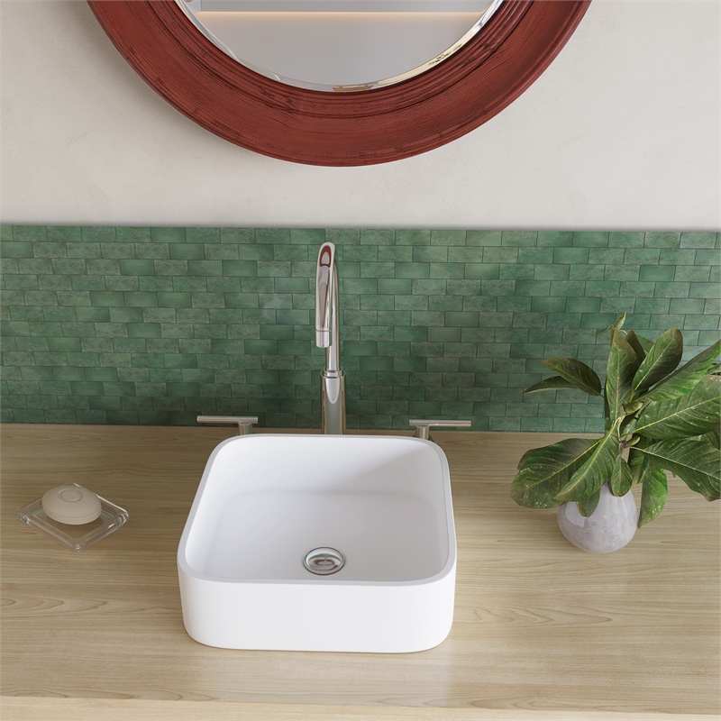 Pemberly Row Square Solid Surface Stone Bathroom Sink in White
