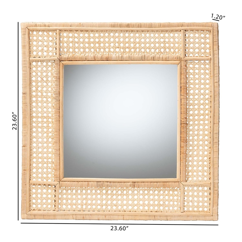 Pemberly Row Square Rattan Accent Wall Mirror in Natural Brown