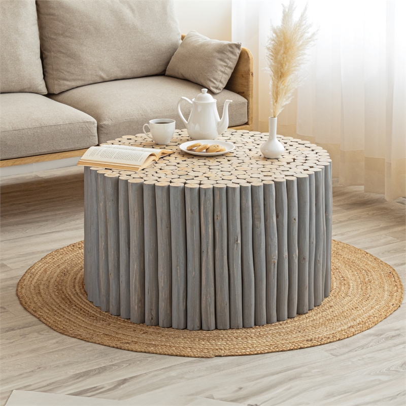 Pemberly Row Contemporary Jungle Wood Coffee Table in Gray Color