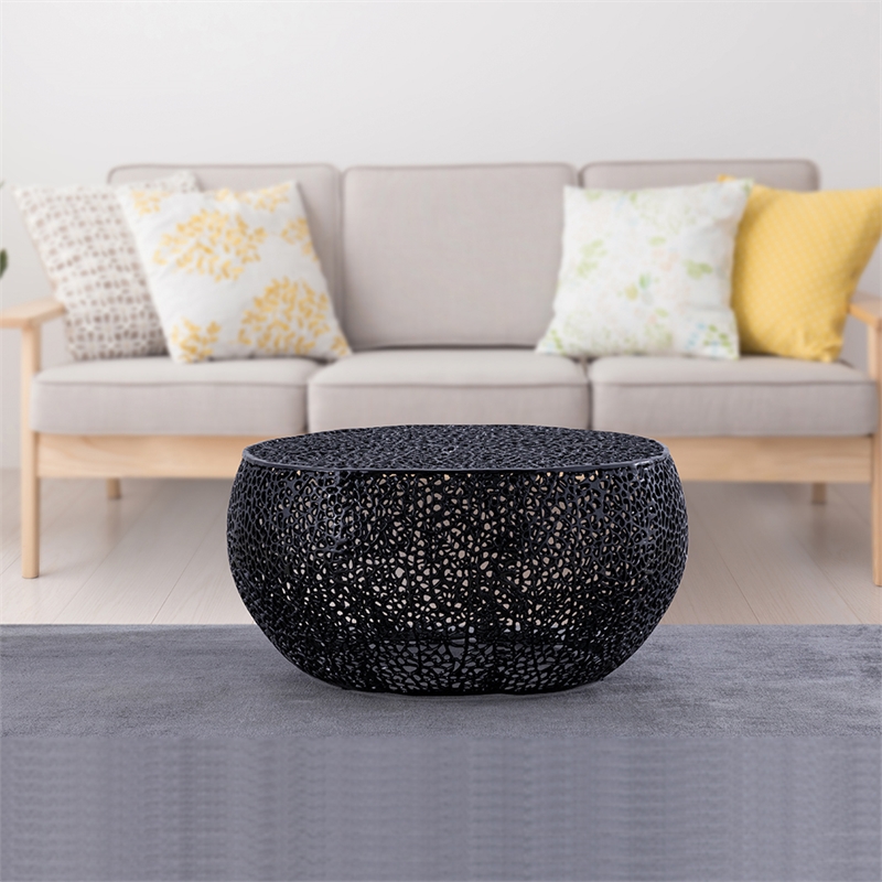 Pemberly Row Round Coffee Table Made with Aluminum in Black Color