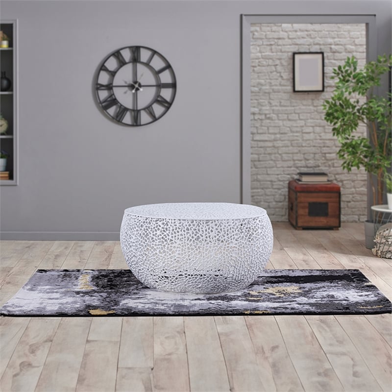 Pemberly Row Round Coffee Table Made with Aluminum in White Color