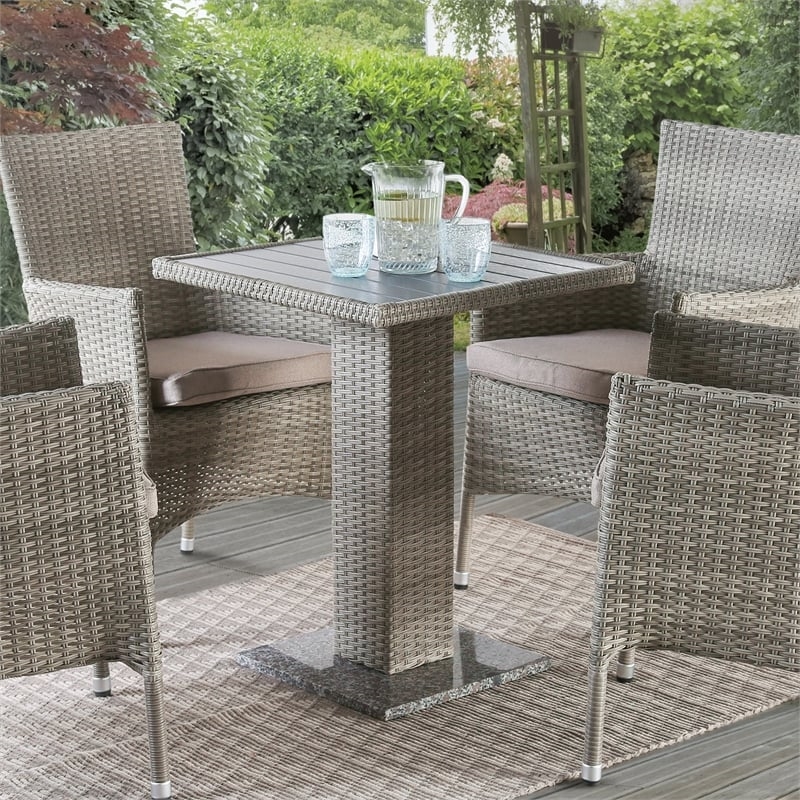 Pemberly Row Outdoor Patio PE Wicker / Rattan Bistro Table in Gray