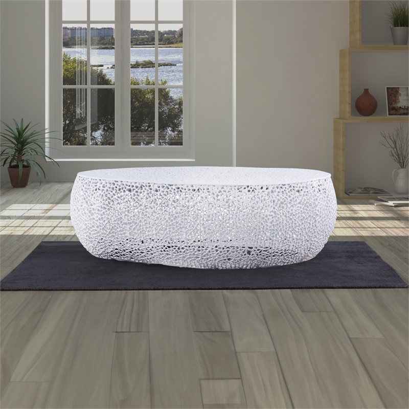 Pemberly Row Oval Shape Coffee Table Made with Aluminum in White Color