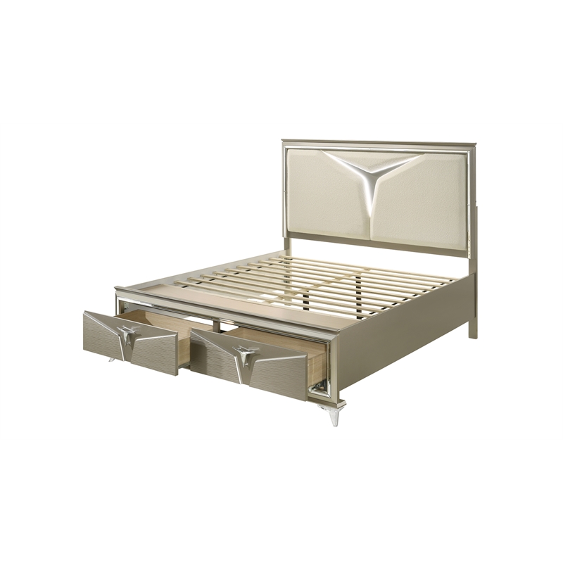 Pemberly Row Modern Queen Bed Made with Wood & LED Headboard in Silver