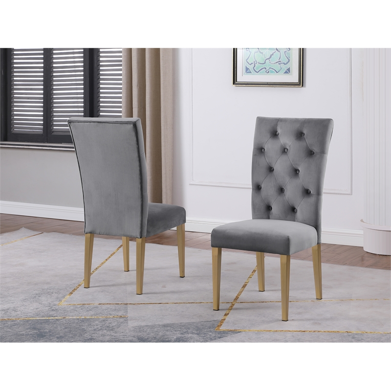 Pemberly Row Gray Tufted Velvet Side Chairs in Brushed Gold (Set of 2)