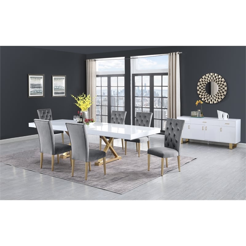 Pemberly Row Gray Tufted Velvet Side Chairs in Brushed Gold (Set of 2)