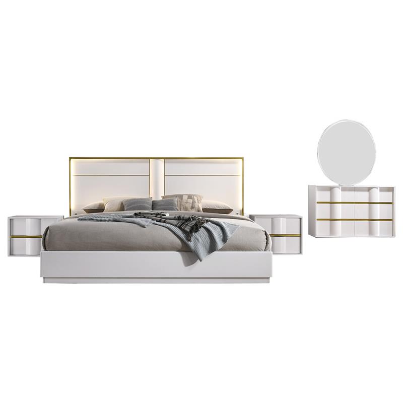 Pemberly Row 5-Piece Poplar Wood East King Bedroom Set in White/Gold Trim