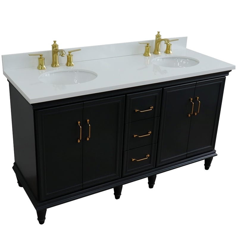 Pemberly Row 61 in. Double Wooden Vanity Dark Gray White Quartz Oval Sink