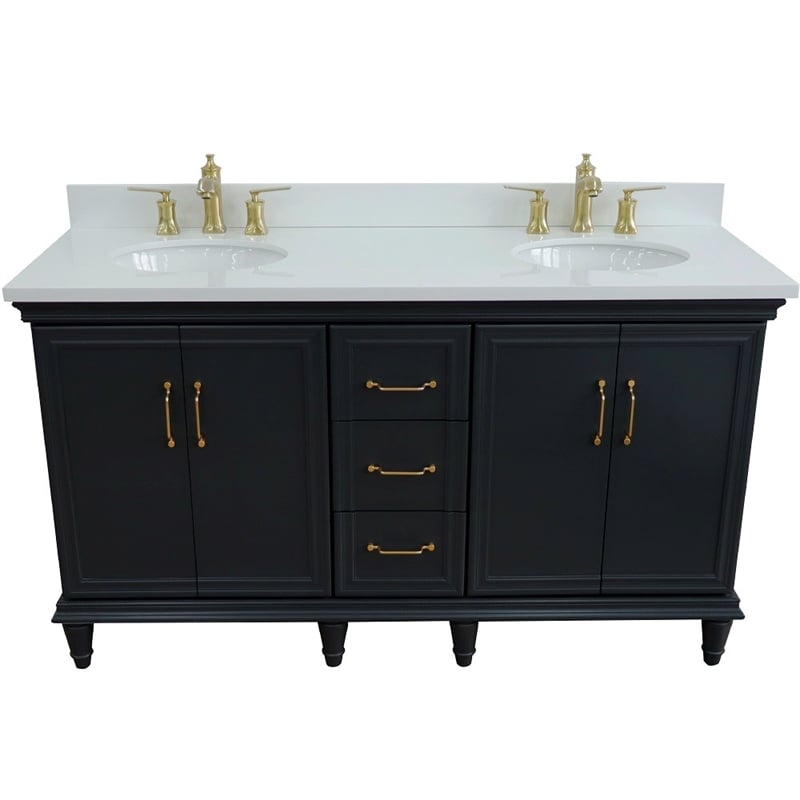 Pemberly Row 61 in. Double Wooden Vanity Dark Gray White Quartz Oval Sink