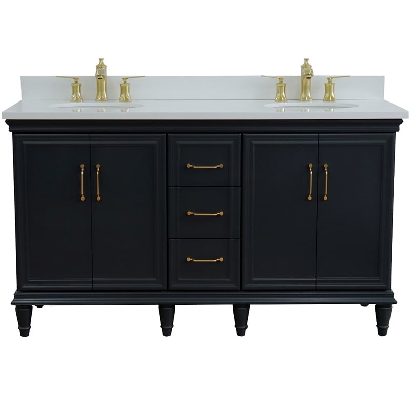 Pemberly Row 61 in. Double Wooden Vanity Dark Gray White Quartz Oval Sink
