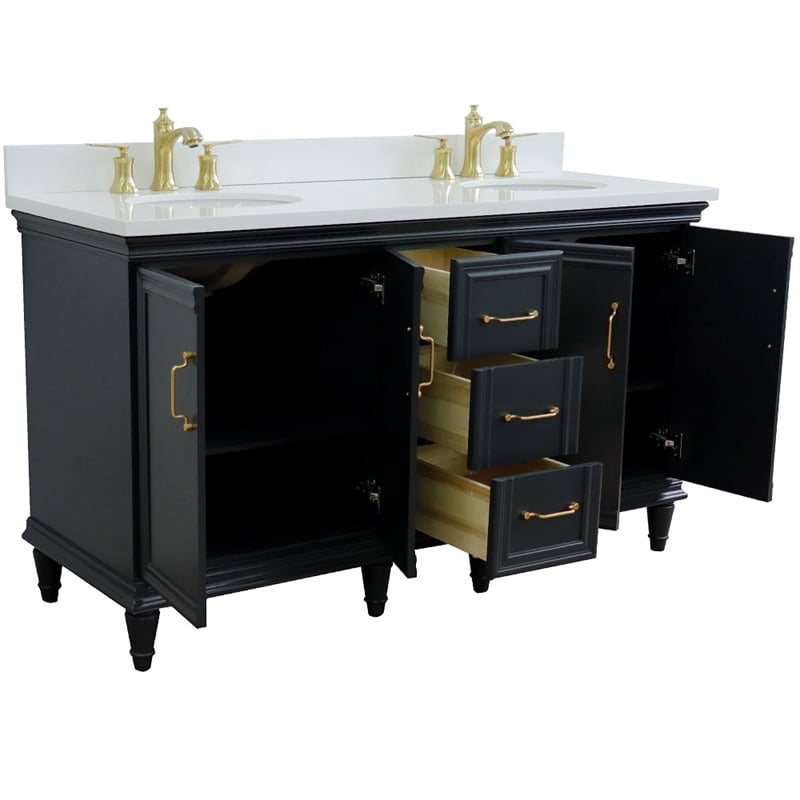 Pemberly Row 61 in. Double Wooden Vanity Dark Gray White Quartz Oval Sink