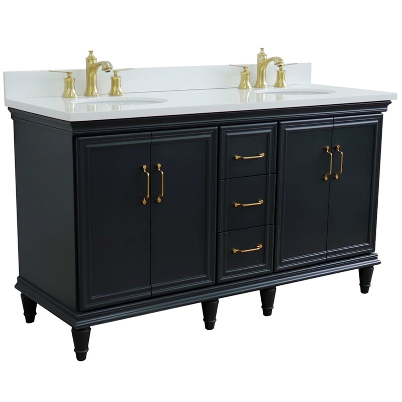 Pemberly Row 61 in. Double Wooden Vanity Dark Gray White Quartz Oval Sink