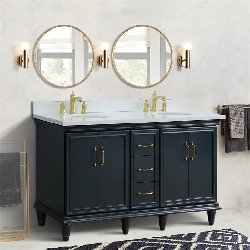 Pemberly Row 61 in. Double Wooden Vanity Dark Gray White Quartz Oval Sink
