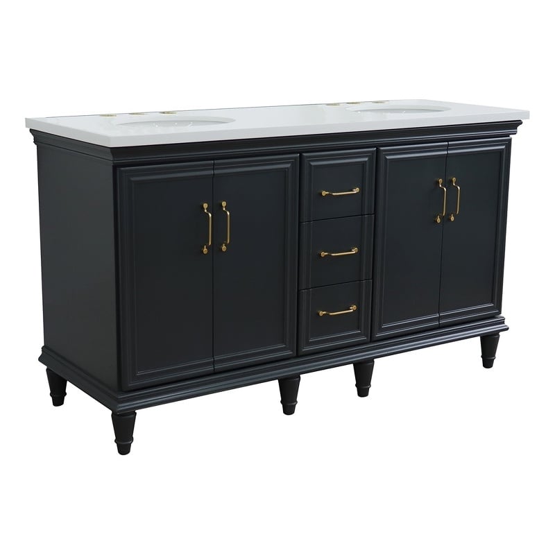 Pemberly Row 61 in. Double Wooden Vanity Dark Gray White Quartz Oval Sink