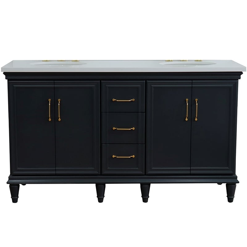 Pemberly Row 61 in. Double Wooden Vanity Dark Gray White Quartz Oval Sink