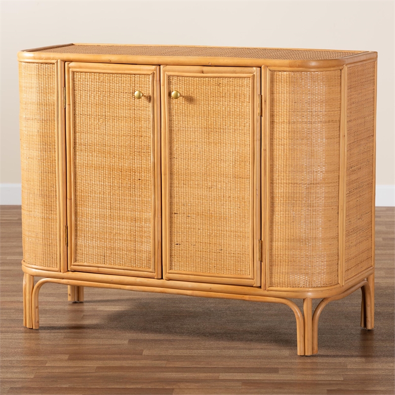 Pemberly Row Modern 2-Door Rattan Storage Cabinet in Natural Brown