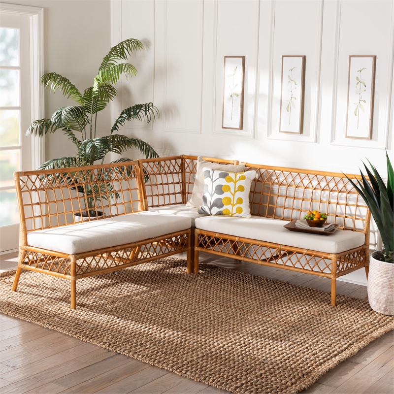 Pemberly Row Modern Honey Rattan 3-Piece Dining Nook Banquette Set