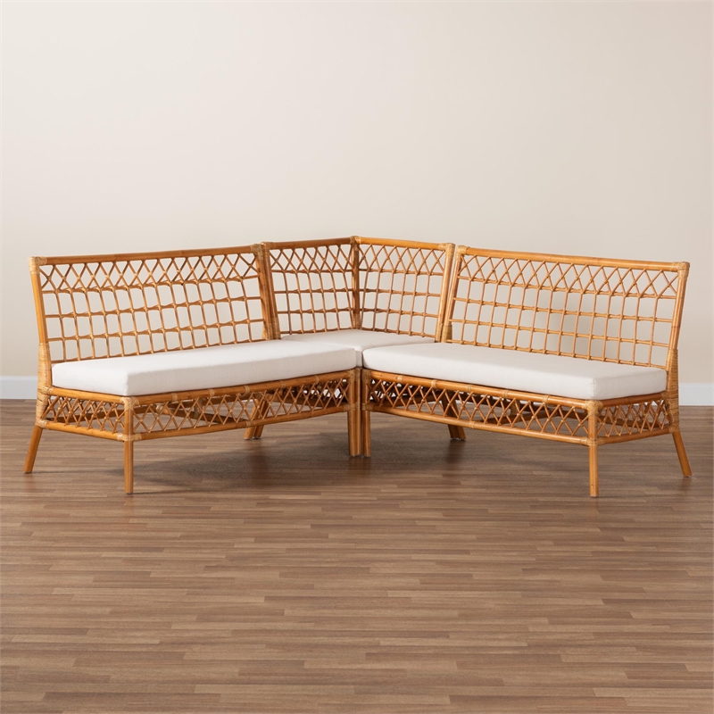 Pemberly Row Modern Honey Rattan 3-Piece Dining Nook Banquette Set