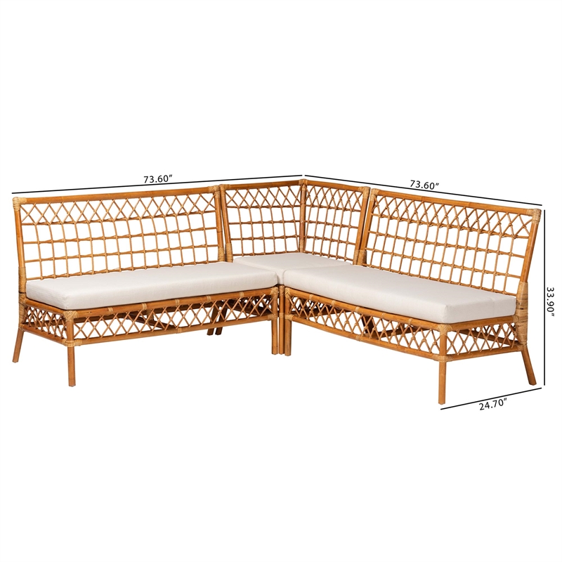 Pemberly Row Modern Honey Rattan 3-Piece Dining Nook Banquette Set