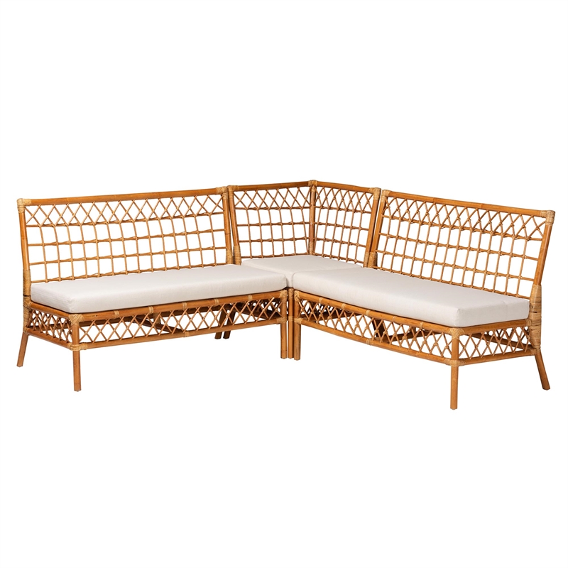 Pemberly Row Modern Honey Rattan 3-Piece Dining Nook Banquette Set
