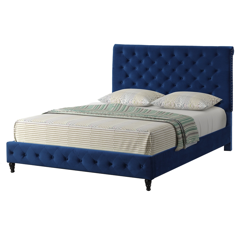 Pemberly Row Modern Tufted Velvet Fabric King Platform Bed in Blue