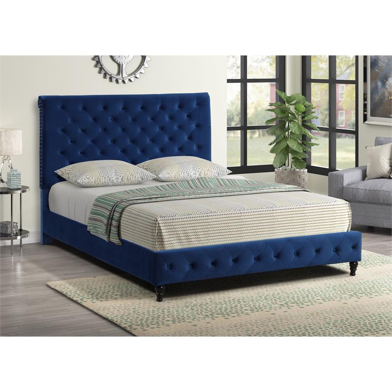 Pemberly Row Modern Tufted Velvet Fabric King Platform Bed in Blue