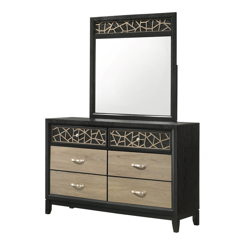 Pemberly Row Modern Mirror Made with Wood and Wooden Pattern in Black