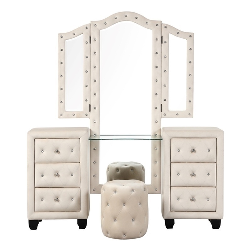 Pemberly Row Crystal Tufted Modern Vanity Set made with Wood in Cream