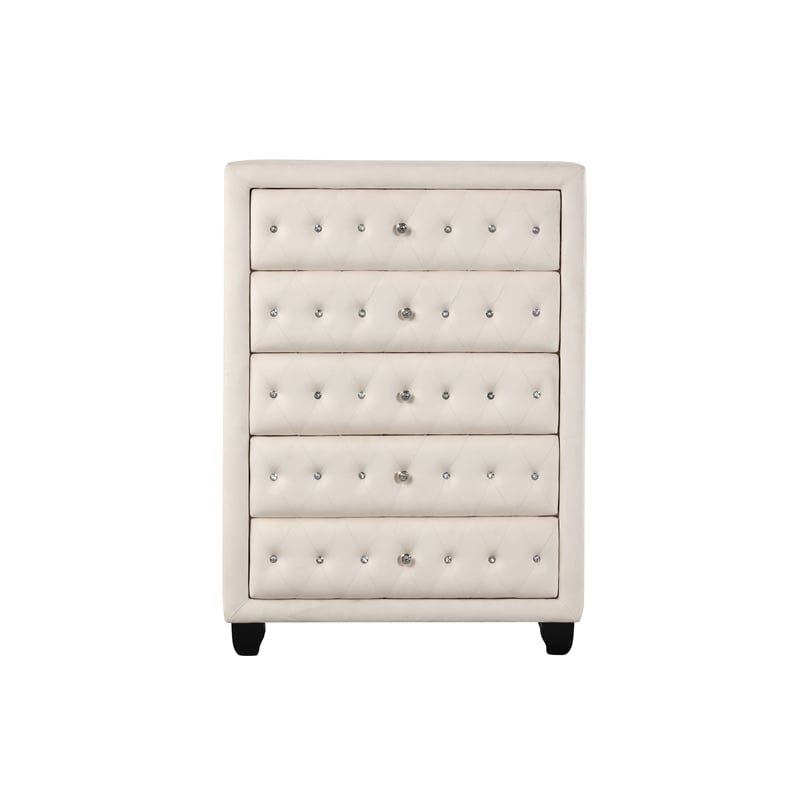 Pemberly Row Crystal Tufted 5PC Full Bedroom Set in Cream made with Wood
