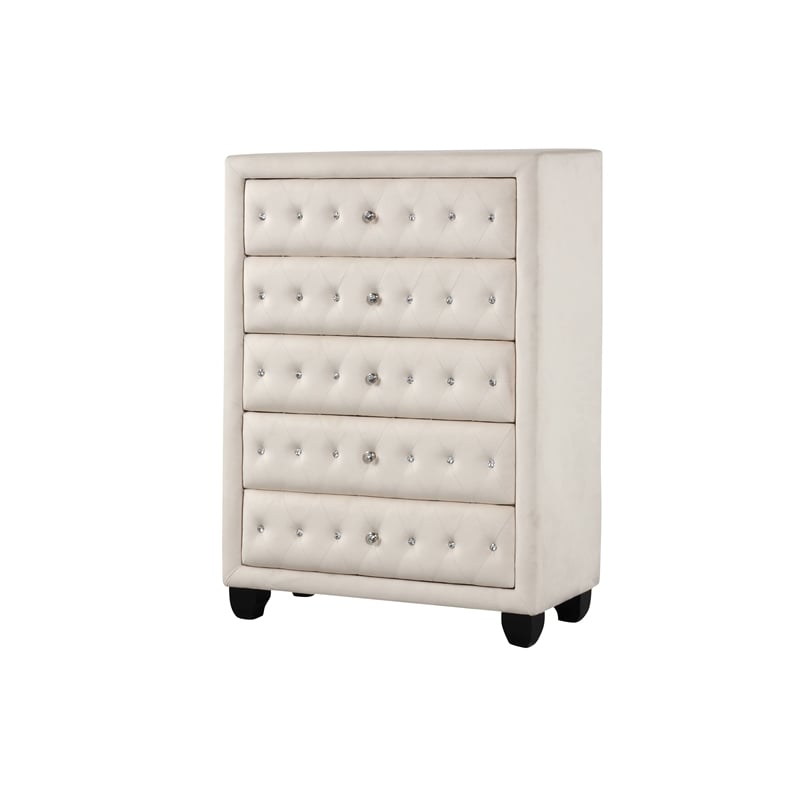 Pemberly Row Crystal Tufted 5PC Full Bedroom Set in Cream made with Wood