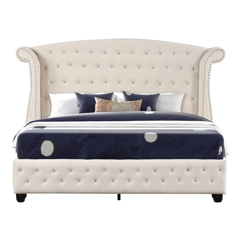 Pemberly Row Crystal Tufted 5PC Full Bedroom Set in Cream made with Wood
