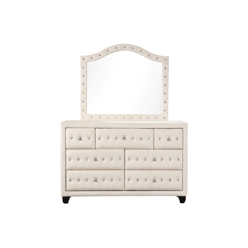 Pemberly Row Crystal Tufted 5PC Full Bedroom Set in Cream made with Wood