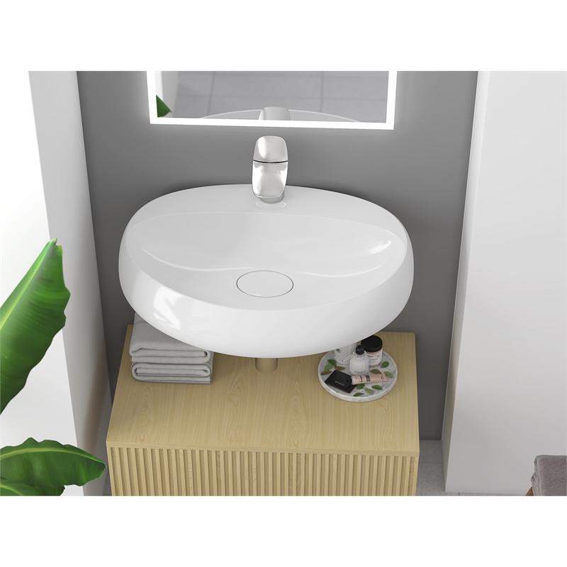 Pemberly Row Oval Ceramic Wall Mount Bathroom Sink in Glossy White
