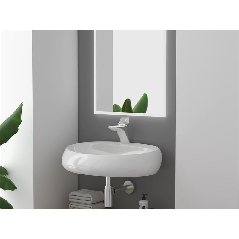 Pemberly Row Oval Ceramic Wall Mount Bathroom Sink in Glossy White