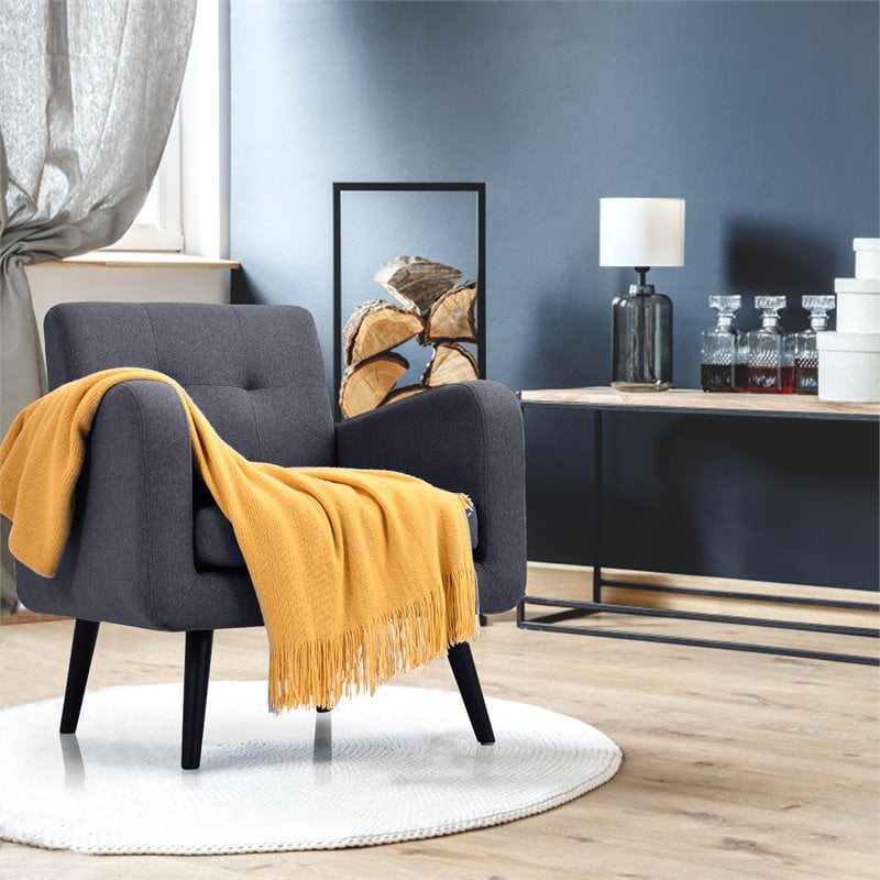 Pemberly Row Contemporary Fabric Arm Chair with Rubber Wood Legs in Gray