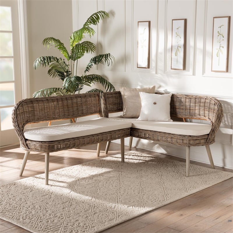 Pemberly Row Gray Seagrass and Acacia Wood 2-Piece Dining Nook Set