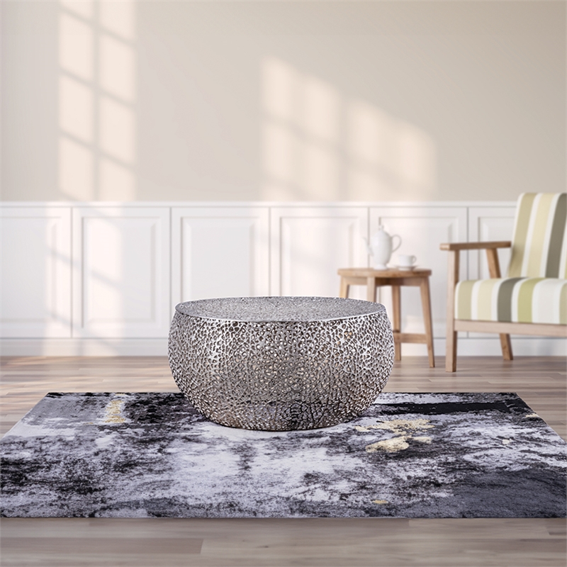 Pemberly Row Round Coffee Table Made with Aluminum in Silver Color