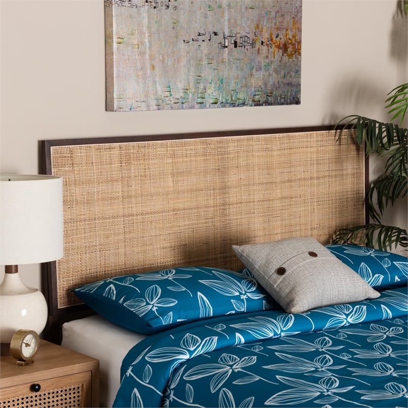 Pemberly Row Dark Brown Bayur Wood and Rattan Queen Size Headboard